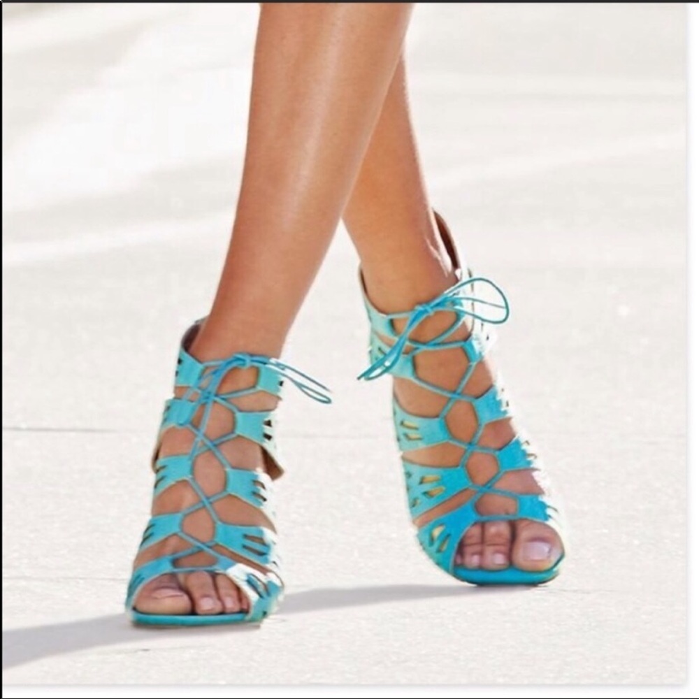 Avon Teal Lace Up Caged Heels - Picture 2 of 6